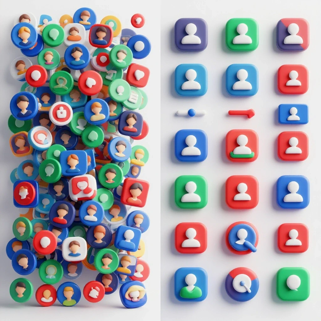 A visual contrast of a chaotic social media feed versus a clean, focused feed, illustrating audience targeting.
