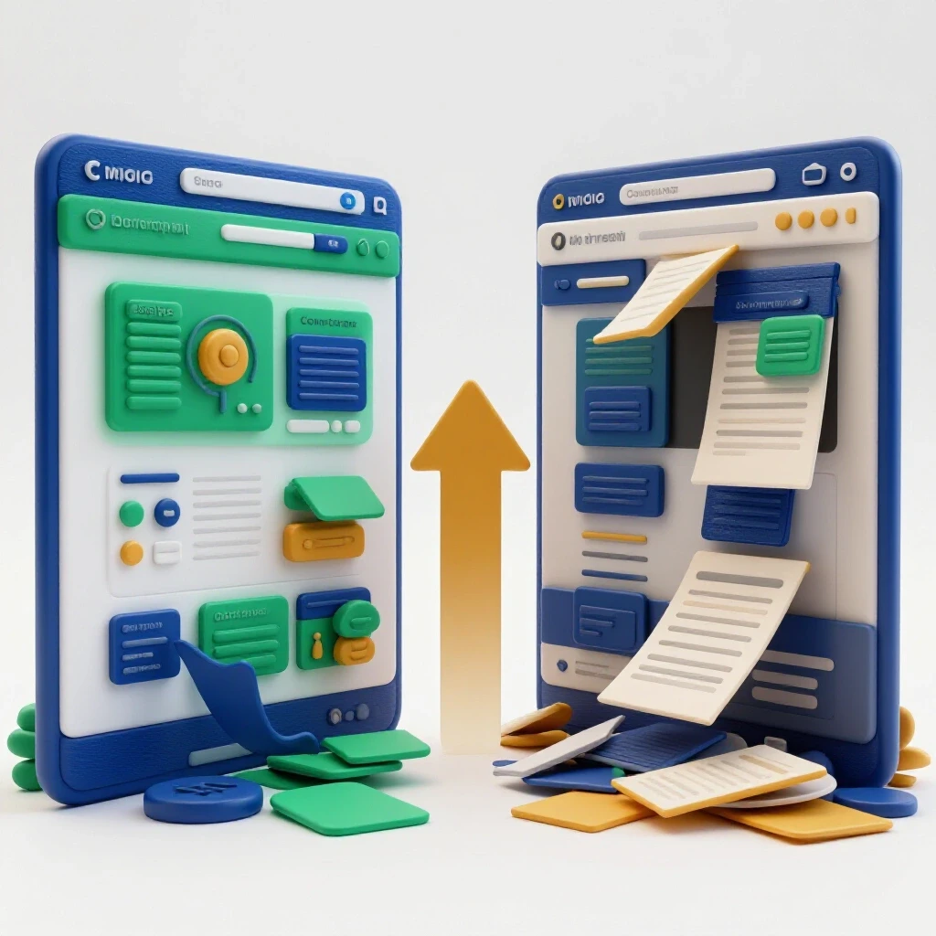 A visual representation of a split-screen website, showcasing clarity on one side and chaos on the other, with a growth arrow in the center.