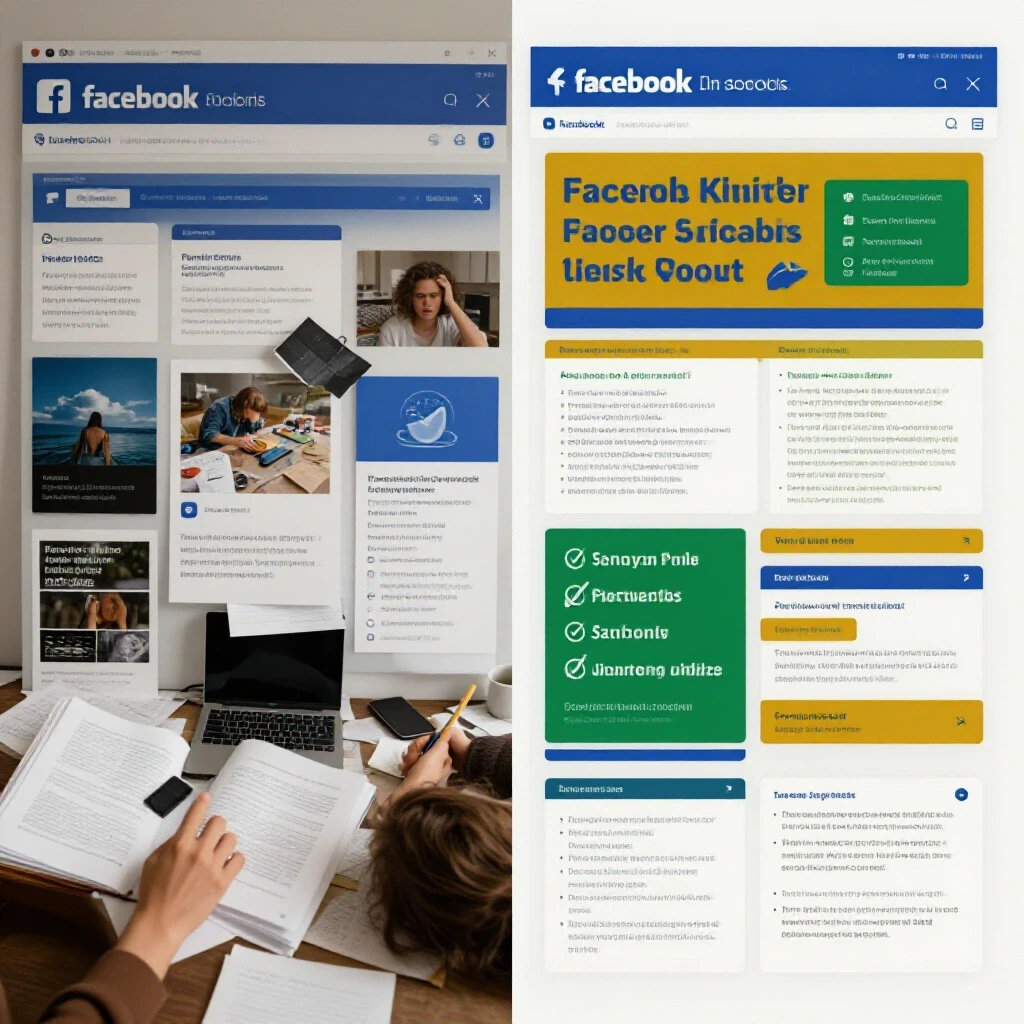 A visual comparison of a chaotic Facebook ad interface and a clean, organized layout, highlighting effective solutions.