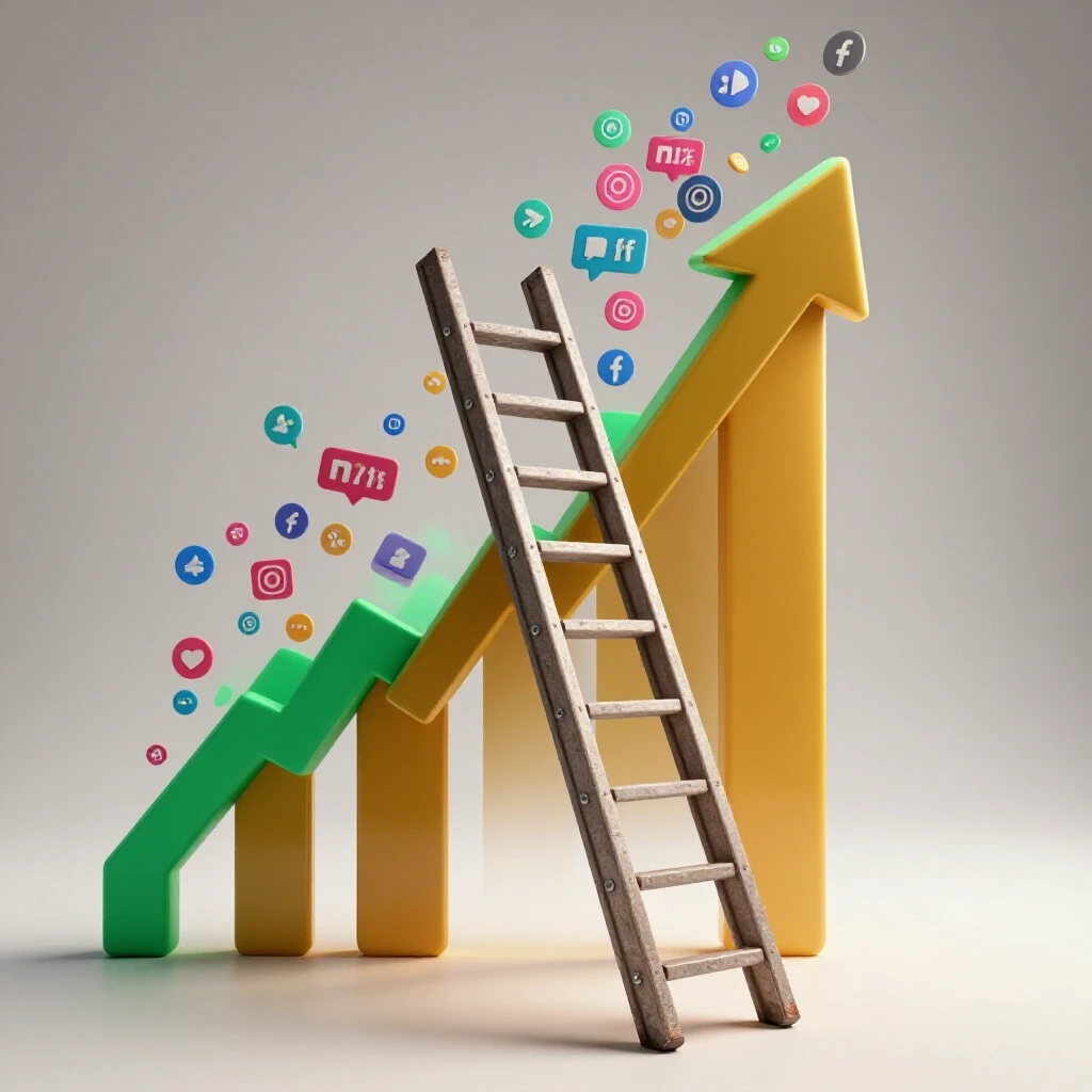 A broken ladder leaning against a vibrant upward graph with social media icons cascading down, symbolizing growth challenges.