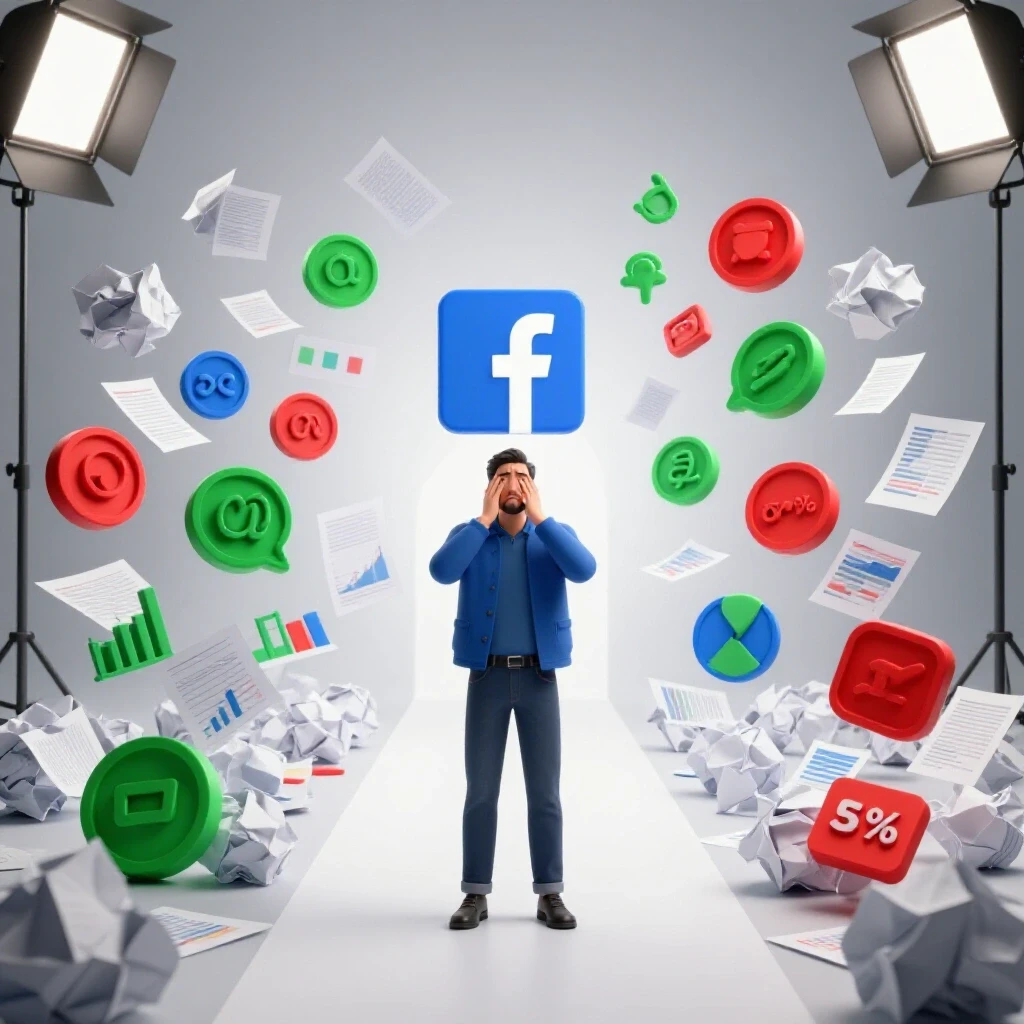 A 3D visual juxtaposing a chaotic scene of failed marketing symbols and a clear path with a glowing Facebook logo, illustrating the journey from confusion to clarity in Facebook Ads.