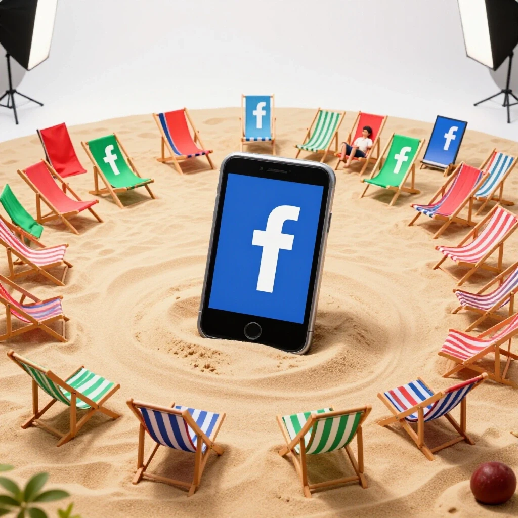 A chaotic beach made of colorful ad banners with oversized smartphones, illustrating the saturation of Facebook ads.