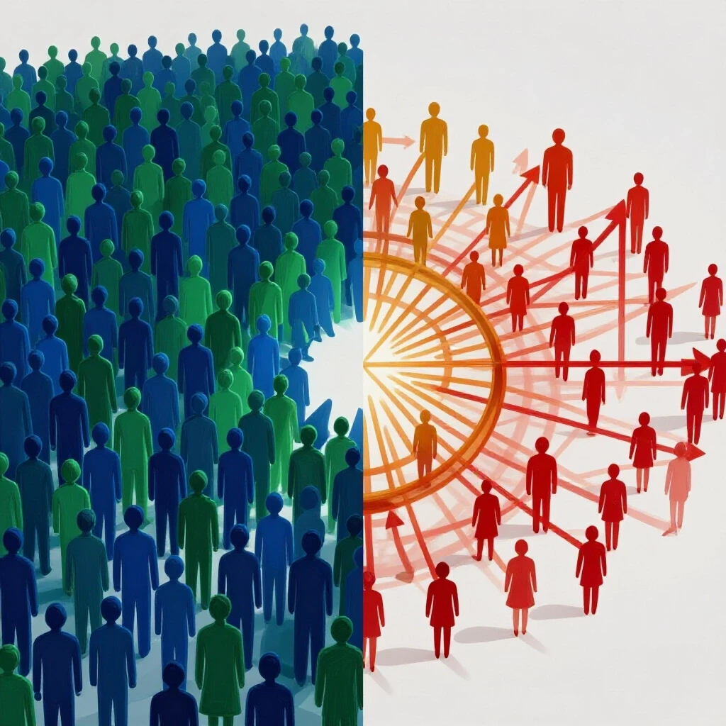 A vivid split-image showing a crowd symbolizing follower count on one side and a dynamic network for reach on the other.