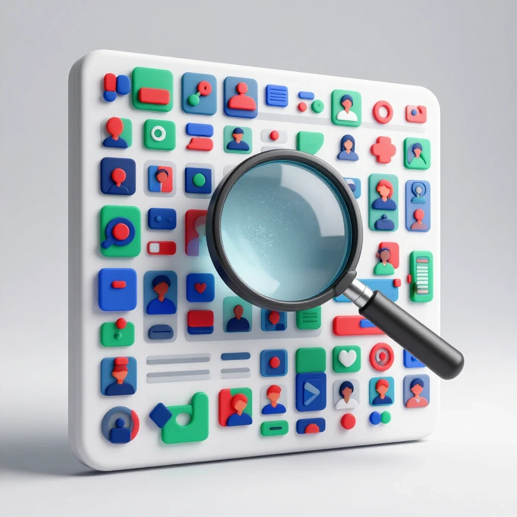A 3D-rendered image showing a vibrant social media feed with a magnifying glass over a faded section, symbolizing forgotten audience.