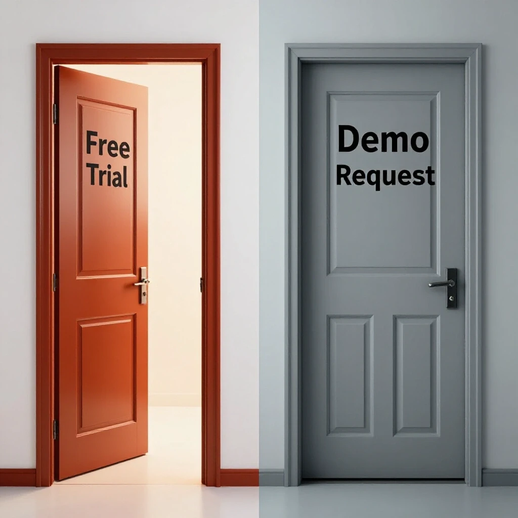 A split-image featuring a vibrant open door labeled 'Free Trial' and a closed door labeled 'Demo Request' on a bright background.