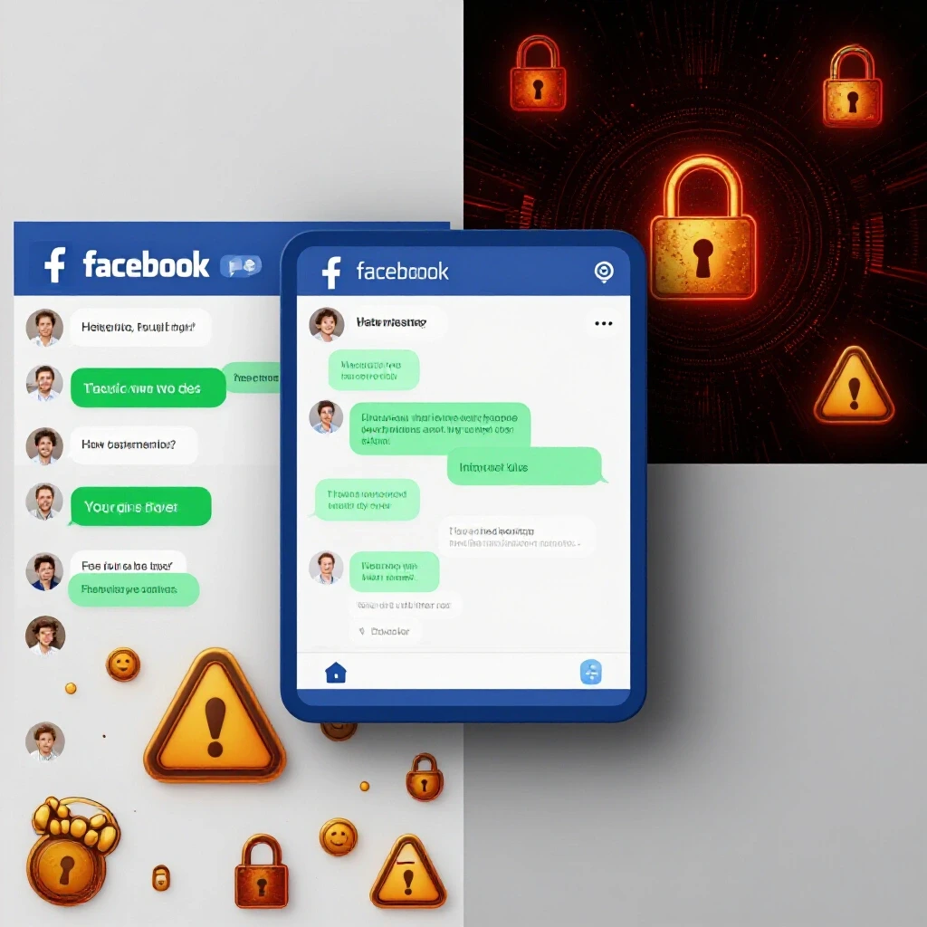 A split-image showing a vibrant Facebook interface on one side and a chaotic digital landscape with warning symbols on the other, depicting account hacks.