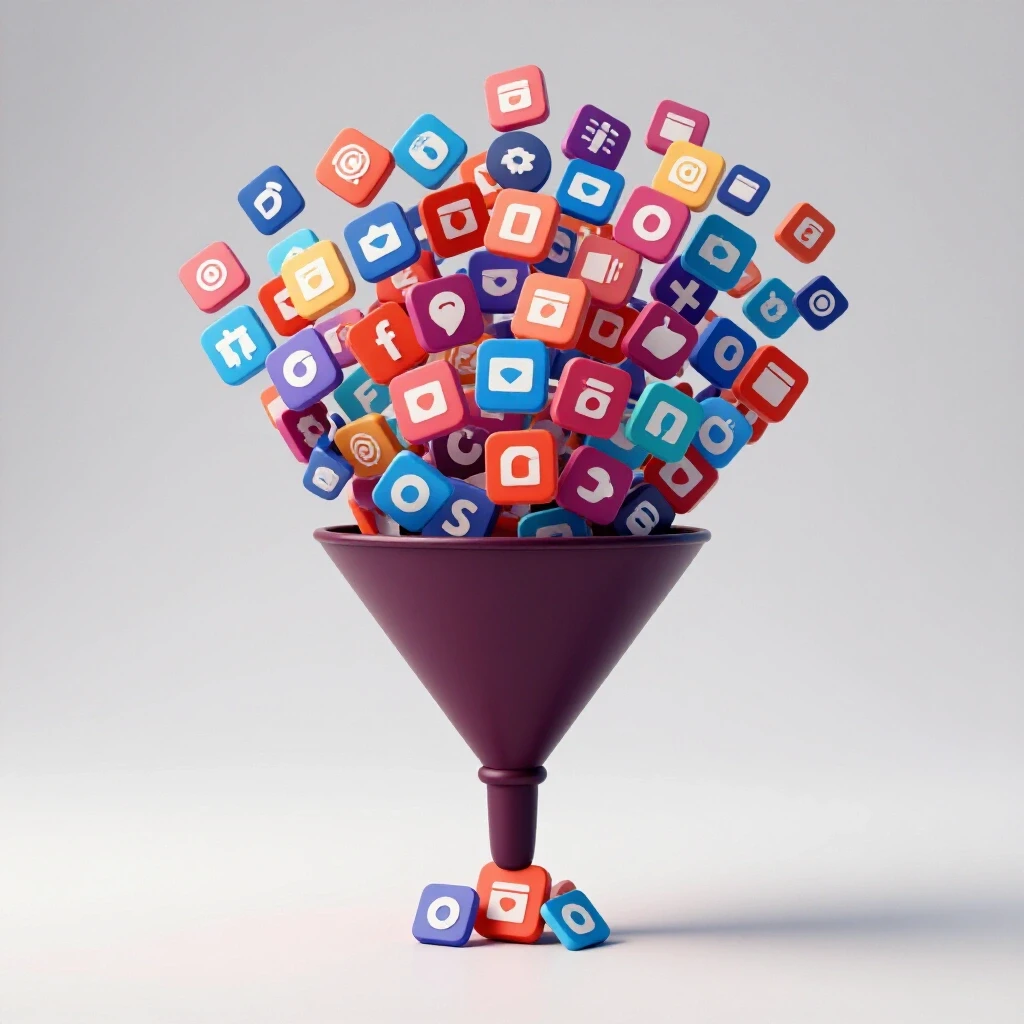 A colorful funnel overflowing with social media icons at the top and a few bottlenecked icons at the bottom, representing growth challenges.