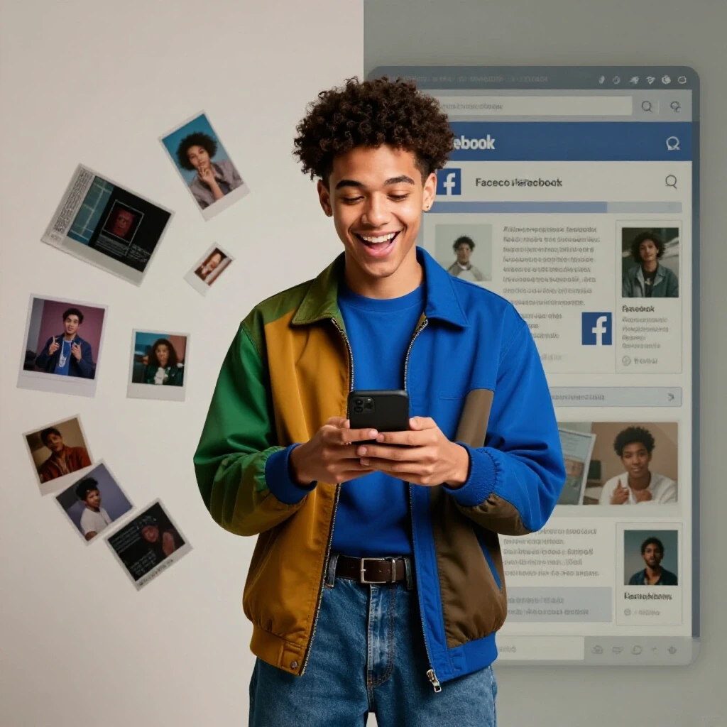 A split-screen image contrasting a vibrant Gen Z individual using social media with a faded Facebook interface, illustrating a decline in usage.