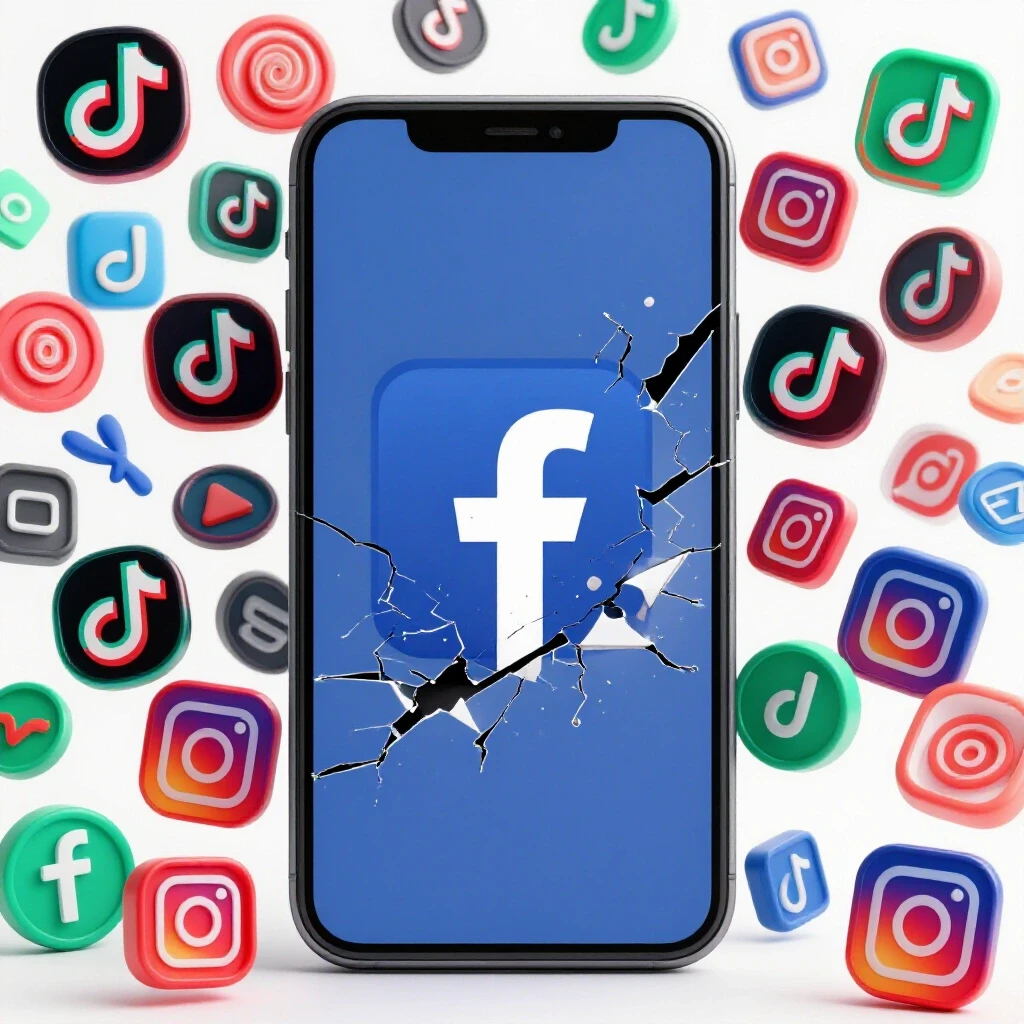 A smartphone displaying the fading Facebook logo surrounded by vibrant symbols of TikTok and Instagram, symbolizing social media transition.