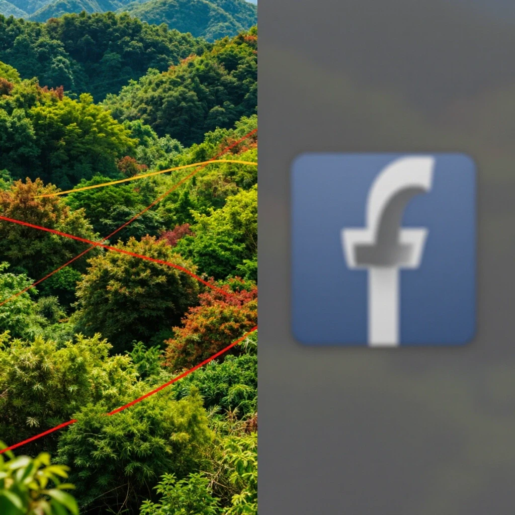 A split-image showcasing a vibrant landscape symbolizing Gen Z social media engagement alongside a fading Facebook logo.