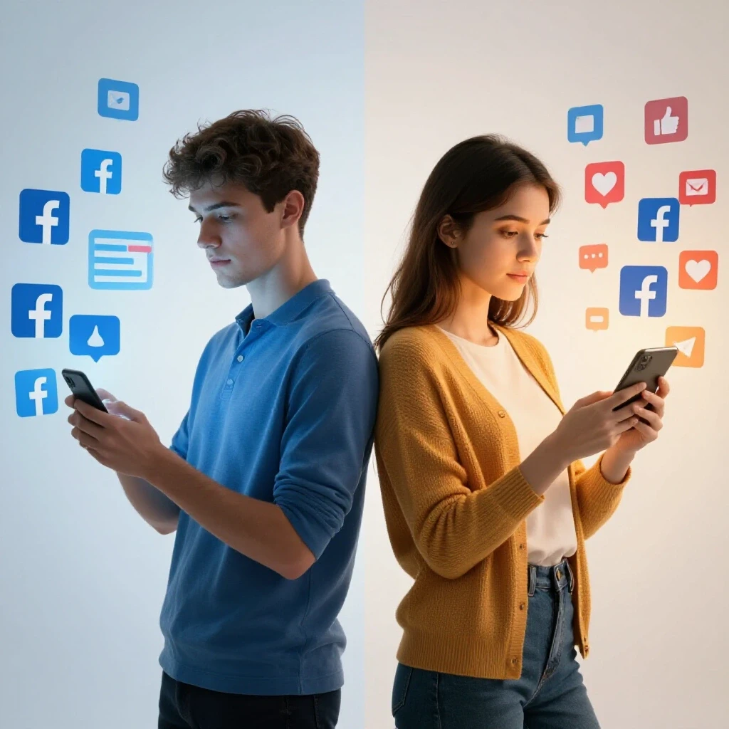 Visual representation of gender differences in Facebook dependency with contrasting cool and warm tones.