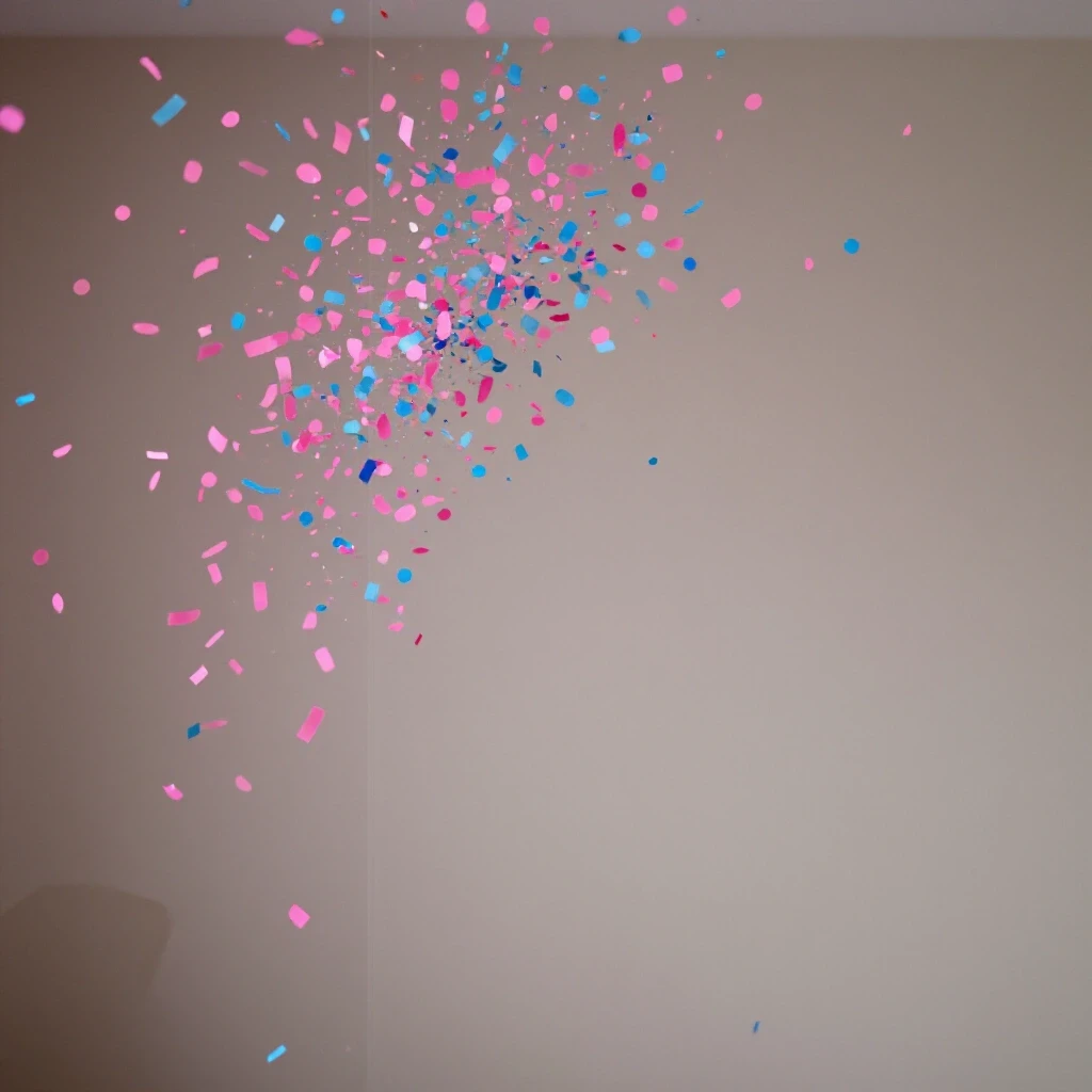 A dynamic split-screen image featuring pink and blue confetti on one side, and soft baby item silhouettes on a neutral background.