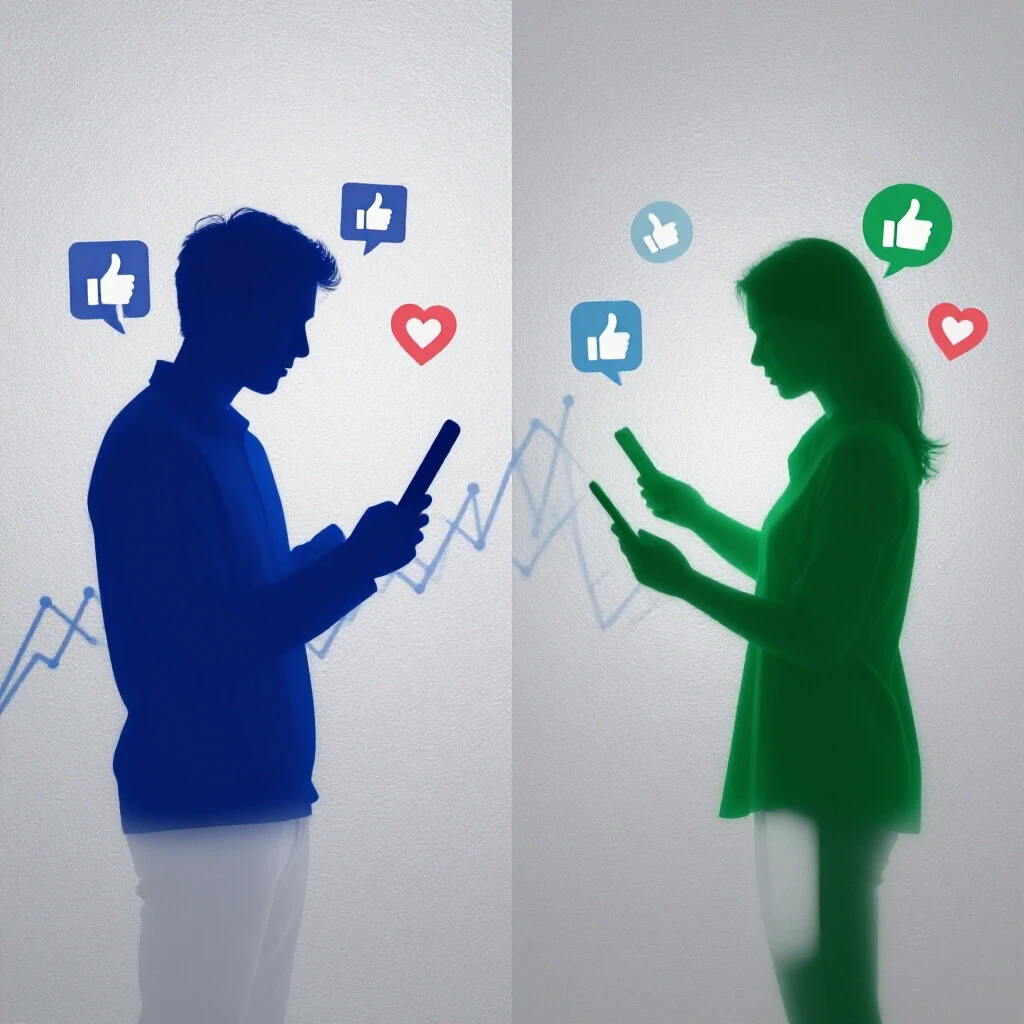 A vibrant split-image composition showing gender silhouettes actively engaging with Facebook, symbolizing usage patterns