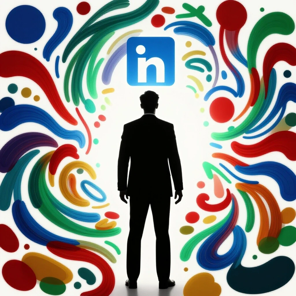A silhouette reaching for a glowing LinkedIn logo surrounded by colorful shapes, symbolizing lead generation.