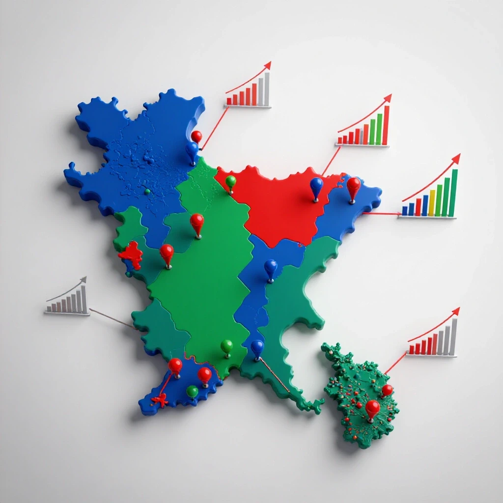 Vibrant 3D-rendered map of Bangladesh with colorful pins, dynamic arrows, and rising bar graphs illustrating sales growth.