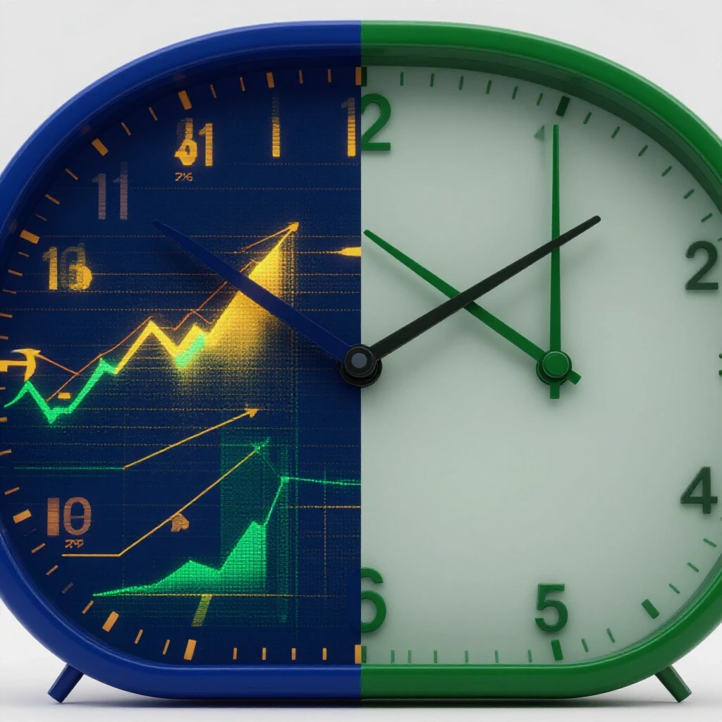 Visual metaphor contrasting a dynamic, vibrant digital clock with a static clock to symbolize playtime optimization for Facebook ads.