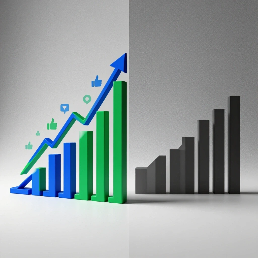 A split image showing a vibrant upward-moving graph on the left and a stagnant graph on the right, representing Facebook ad engagement.