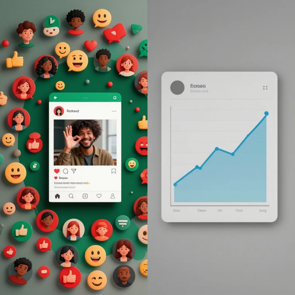 Visual representation contrasting high engagement social media posts with low reach metrics, showcasing user reactions and analytics.