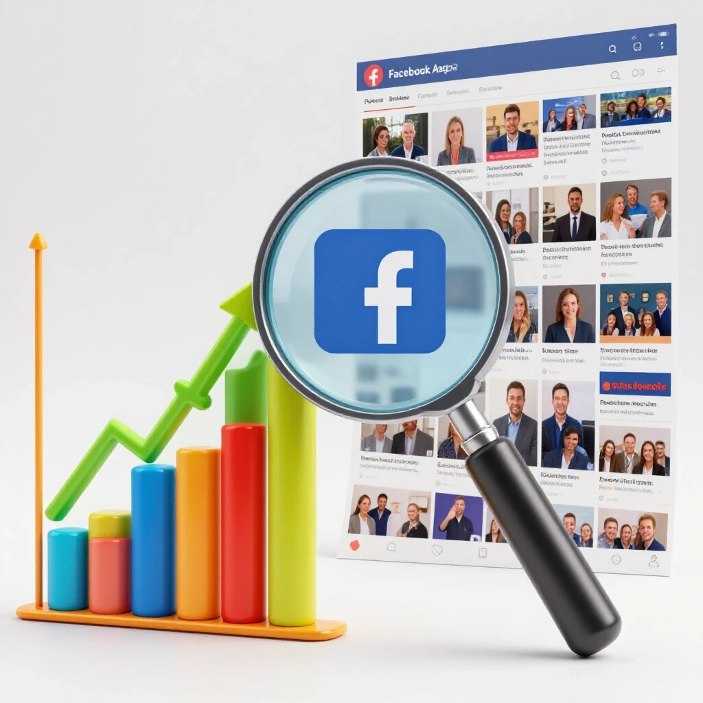 A vibrant upward-trending graph contrasted against a crowded social media feed with a magnifying glass on one ad, symbolizing Facebook ad success.