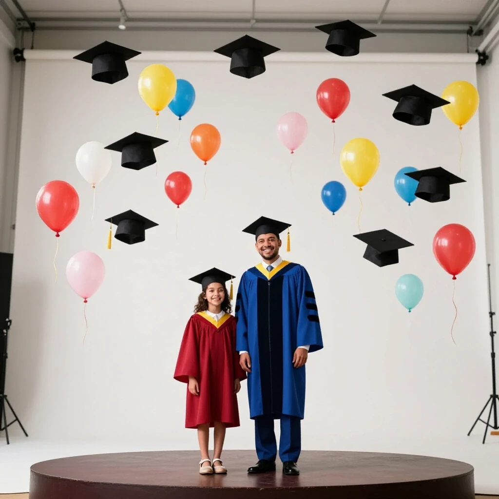A father and daughter celebrate graduation on stage with colorful balloons and caps in a bright setting.