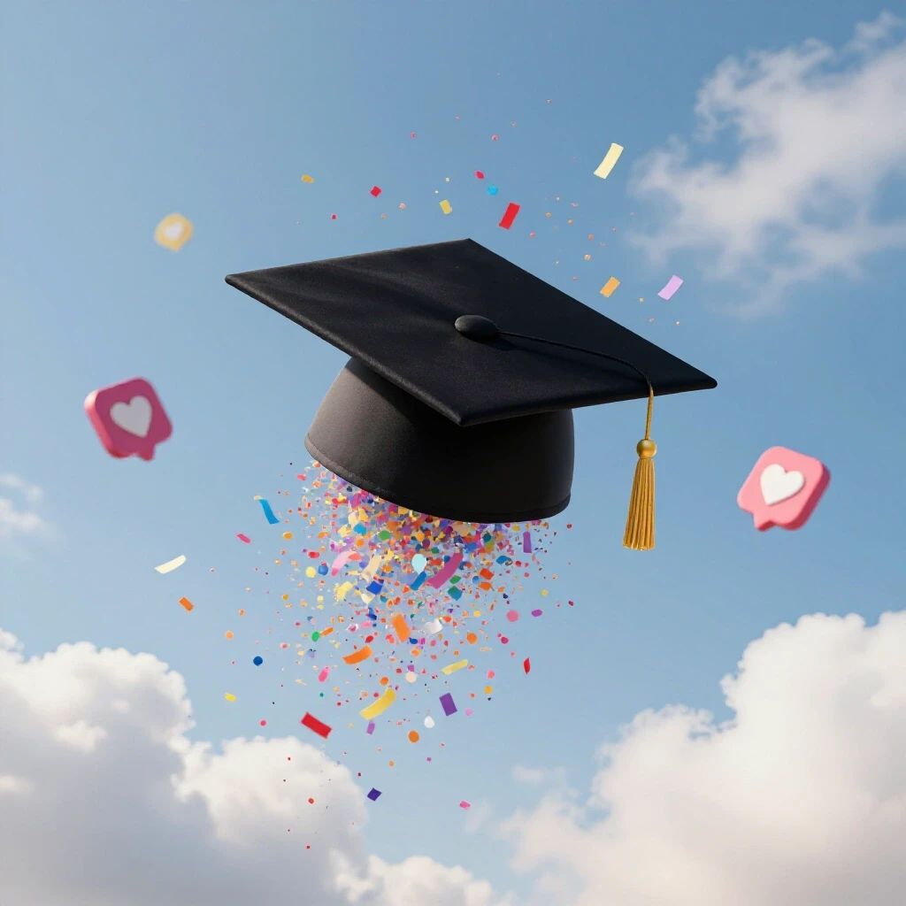 A graduation cap floats in a bright blue sky surrounded by colorful confetti and social media icons.