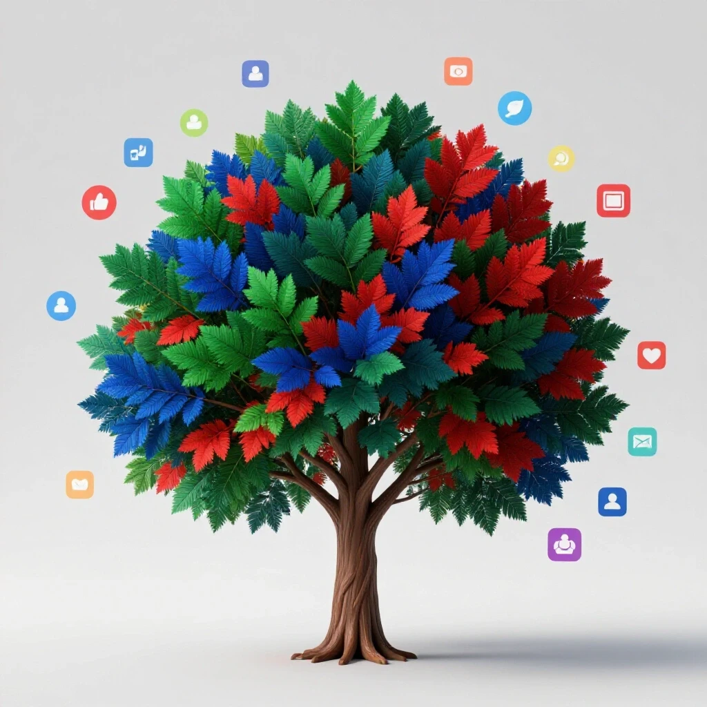 A vibrant tree with colorful leaves symbolizing diverse creators, surrounded by social media icons representing community growth.