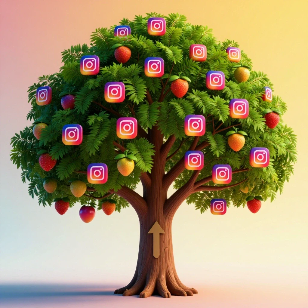 A flourishing tree with colorful Instagram icons as fruits against a bright gradient background, symbolizing growth.