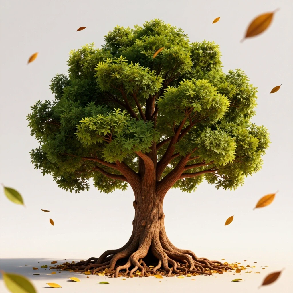 A strong, mature tree with a vibrant canopy surrounded by trendy leaves blown away by the wind, symbolizing growth and stability.