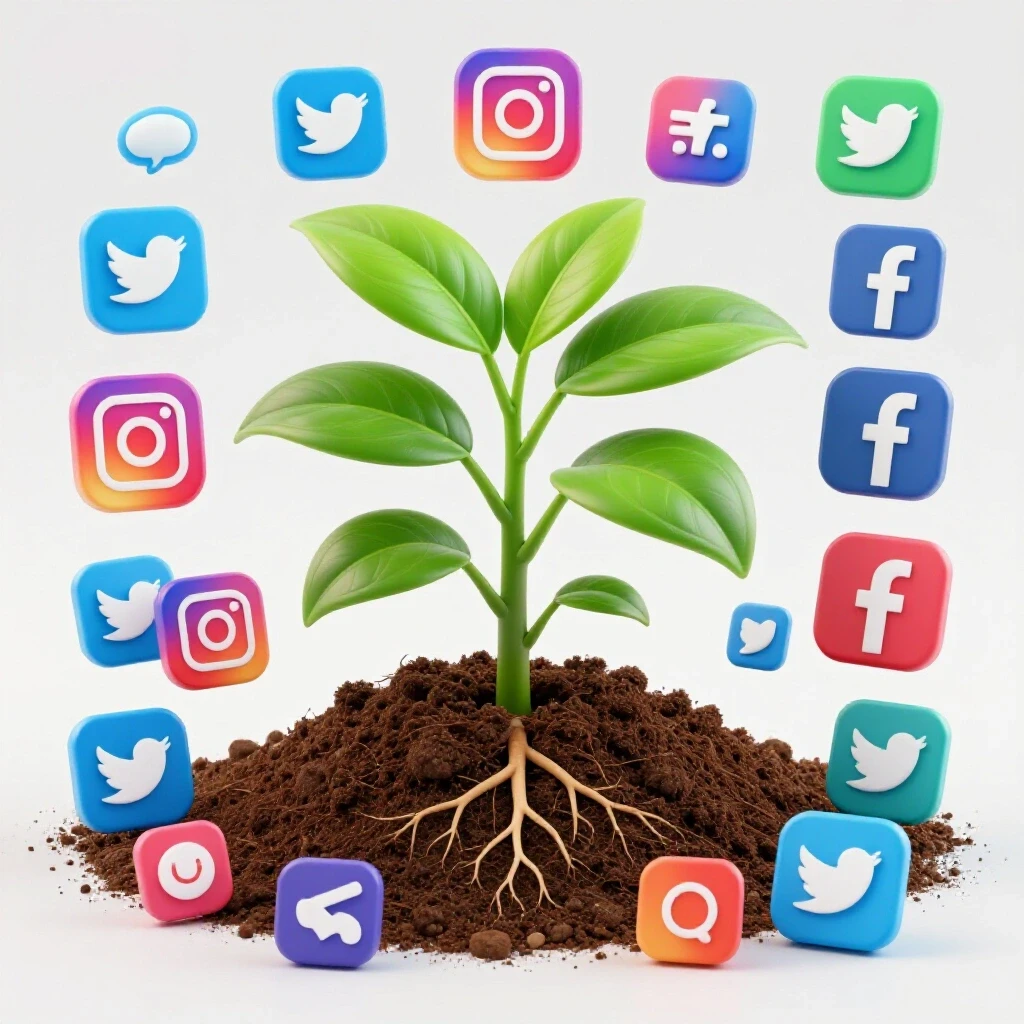 A vibrant green plant with colorful social media icons around it, representing organic social media growth.