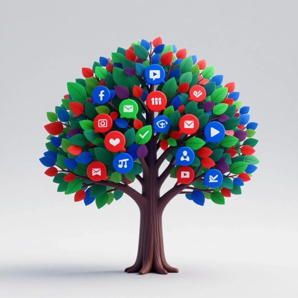 A vibrant tree representing social media platforms with colorful leaves symbolizing growth metrics.