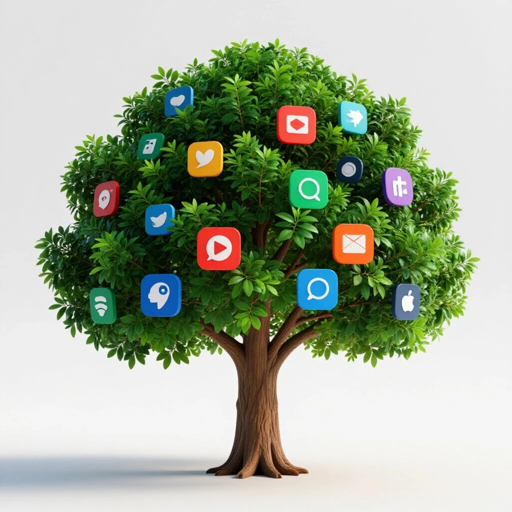 A vibrant tree with colorful social media icons as leaves against a bright white background, symbolizing growth and resilience.