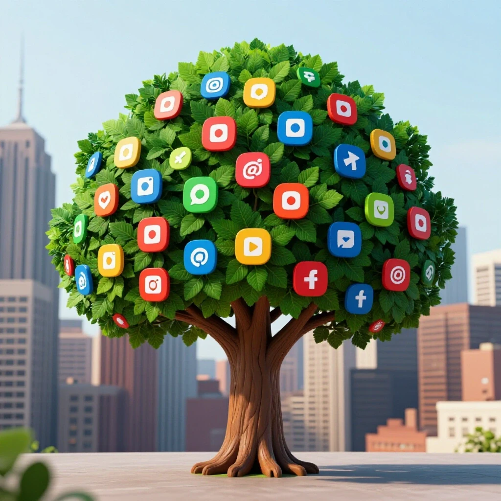 A vibrant tree with social media icons as leaves, symbolizing growth, against a city skyline.
