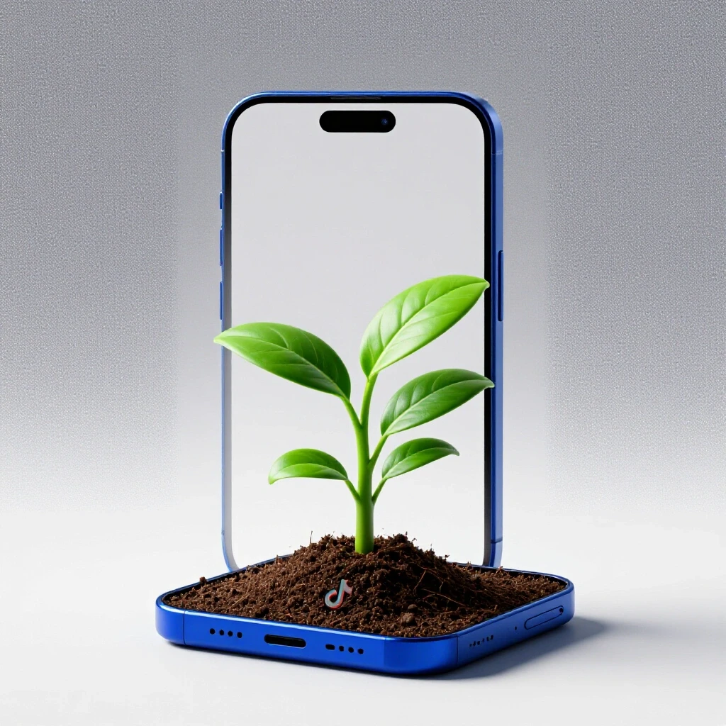 A vibrant green plant growing from a smartphone symbolizing agency growth, with TikTok's logo as soil.