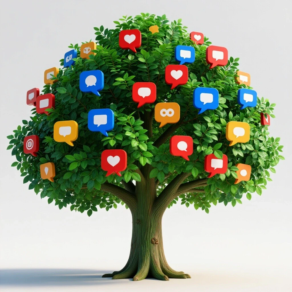 A vibrant tree with social media icons as leaves and colorful speech bubbles, symbolizing engagement and growth