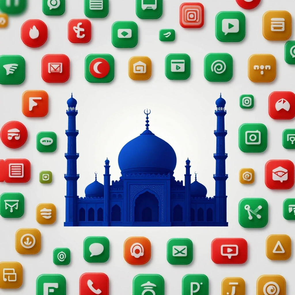 A vibrant image contrasting Bangladeshi mosque silhouette with digital advertising icons, symbolizing modern marketing.