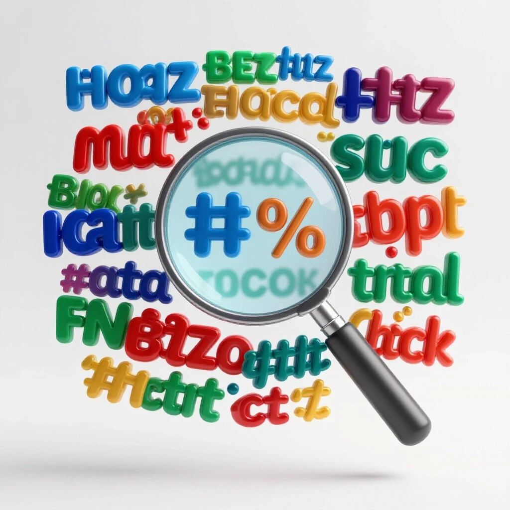Magnifying glass over vibrant floating hashtags symbolizing research and discovery.