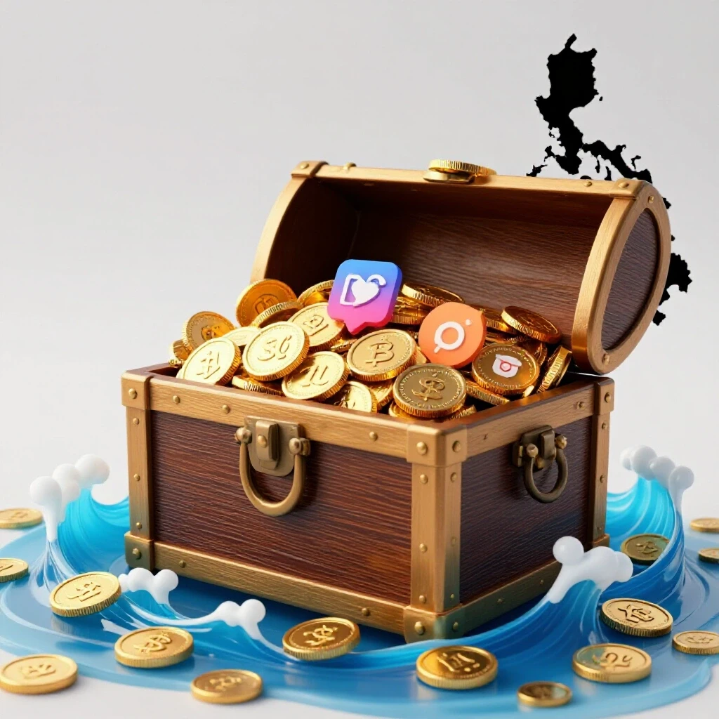 A treasure chest overflowing with gold coins and social media icons, set against vibrant blue waves and a silhouette of the Philippines map.