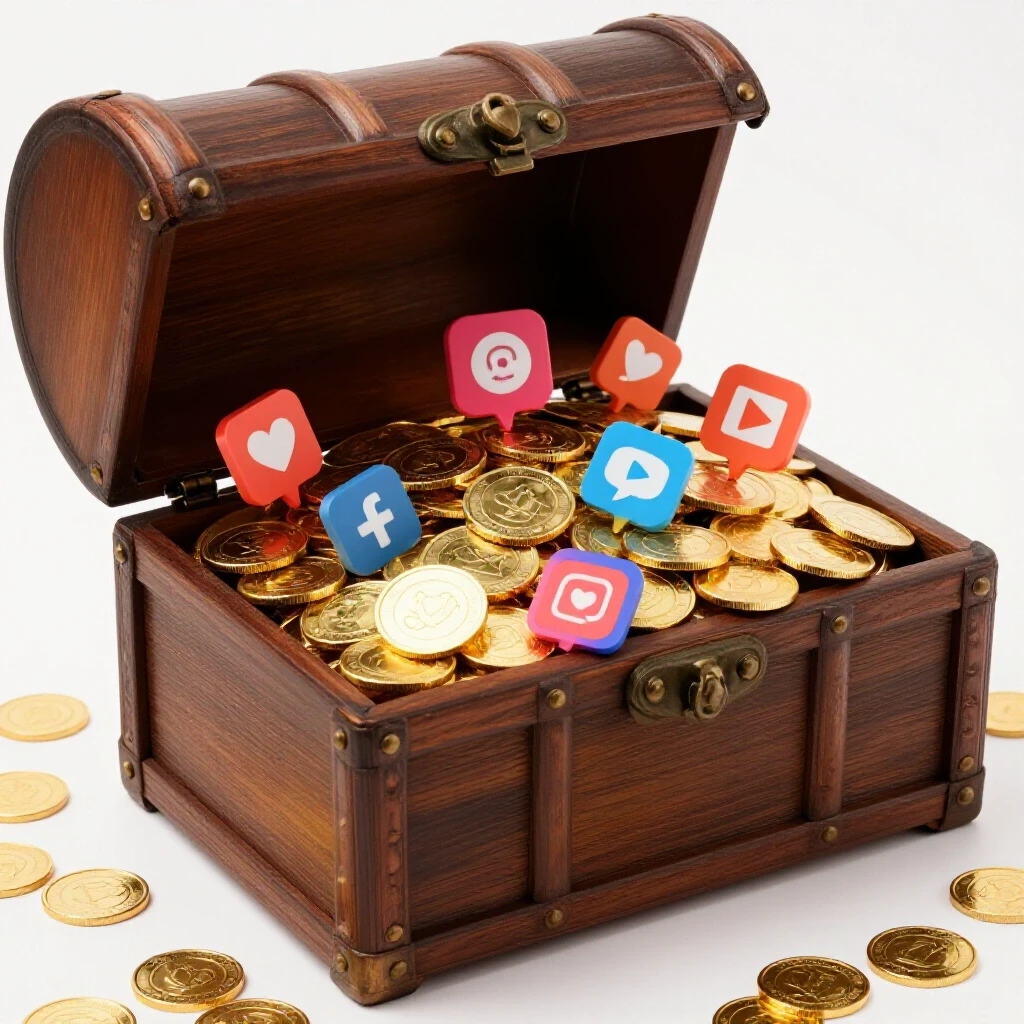 A treasure chest overflowing with gold coins and glowing social media icons, set against a bright white background.
