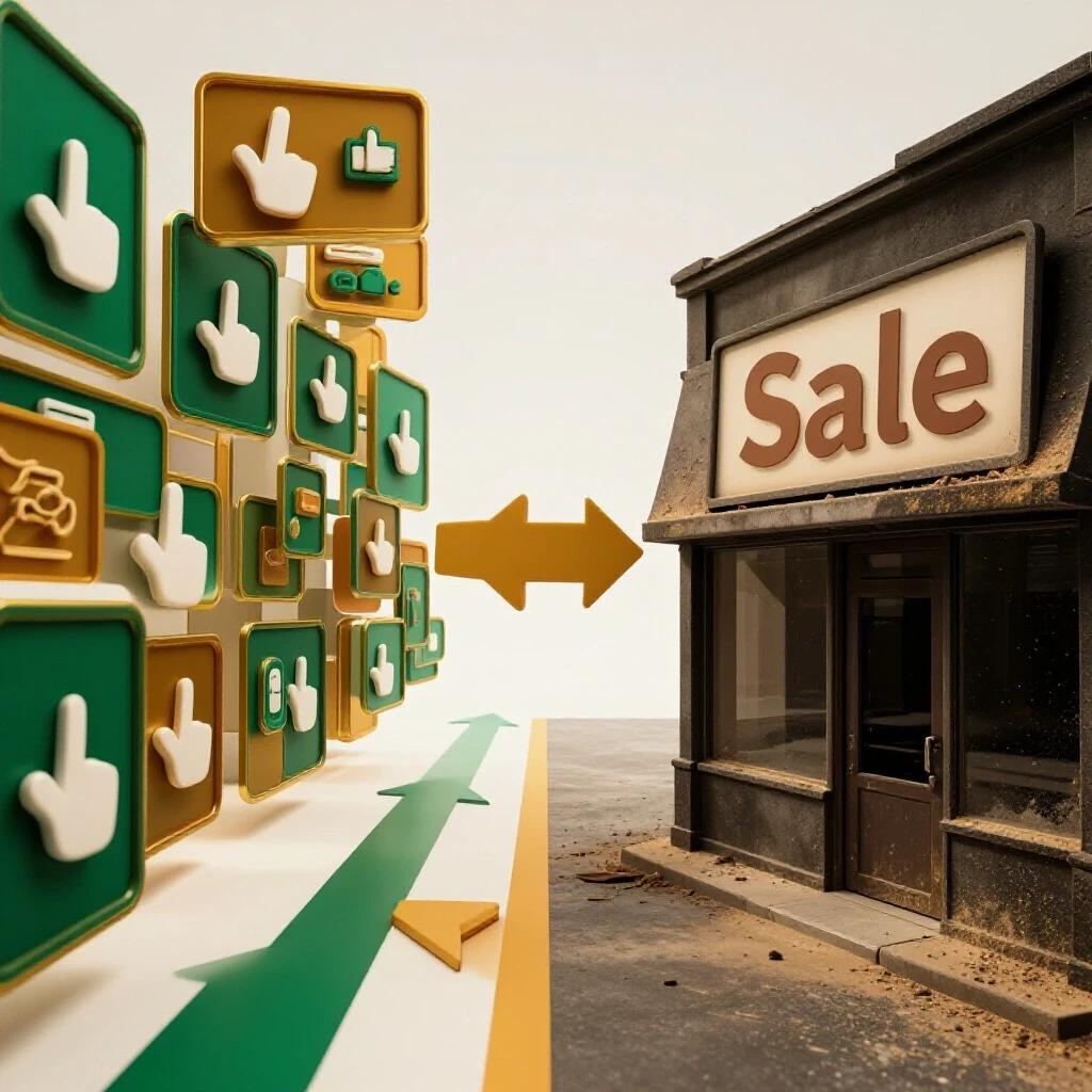 A split image illustrating vibrant social media ads and a dim storefront highlighting the gap between clicks and sales.