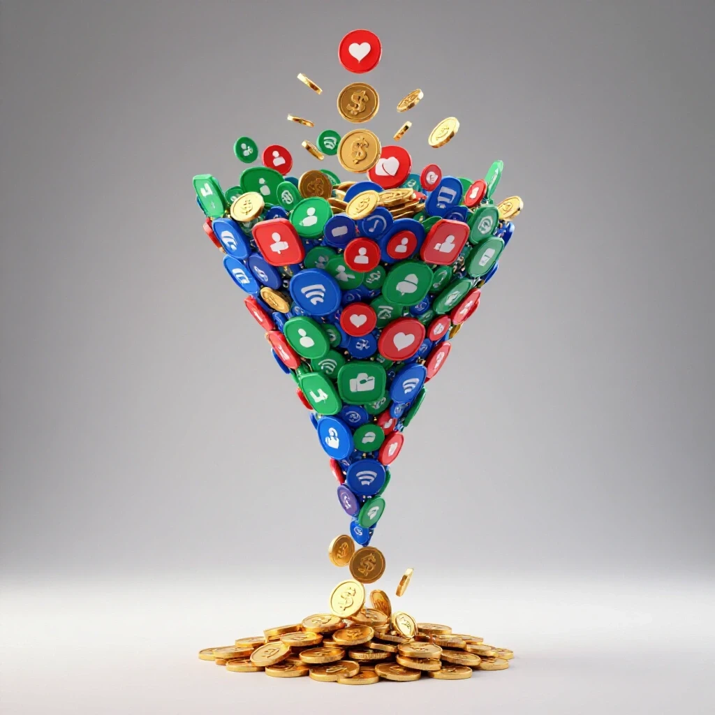 A colorful 3D funnel with social media icons and golden coins, symbolizing the conversion process.