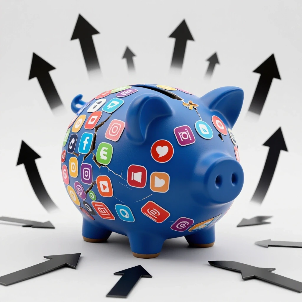 A cracked piggy bank being repaired with colorful social media icons and arrows symbolizing growth.