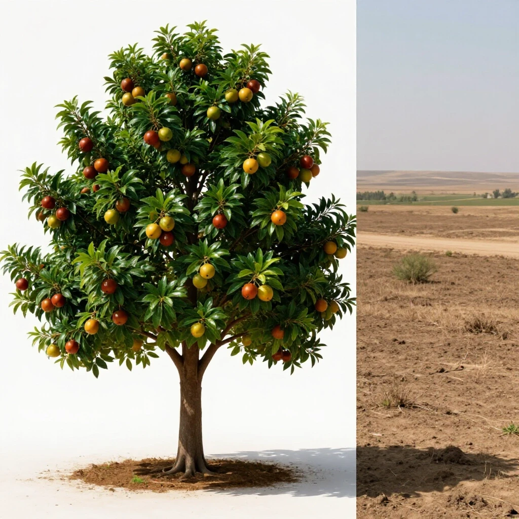 A vibrant tree symbolizing growth contrasts with a barren landscape representing stagnation in a split-image design.