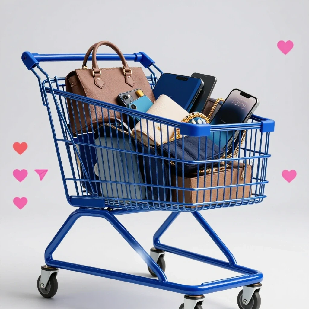 A luxurious shopping cart filled with high-end items set against a vibrant Instagram feed backdrop.
