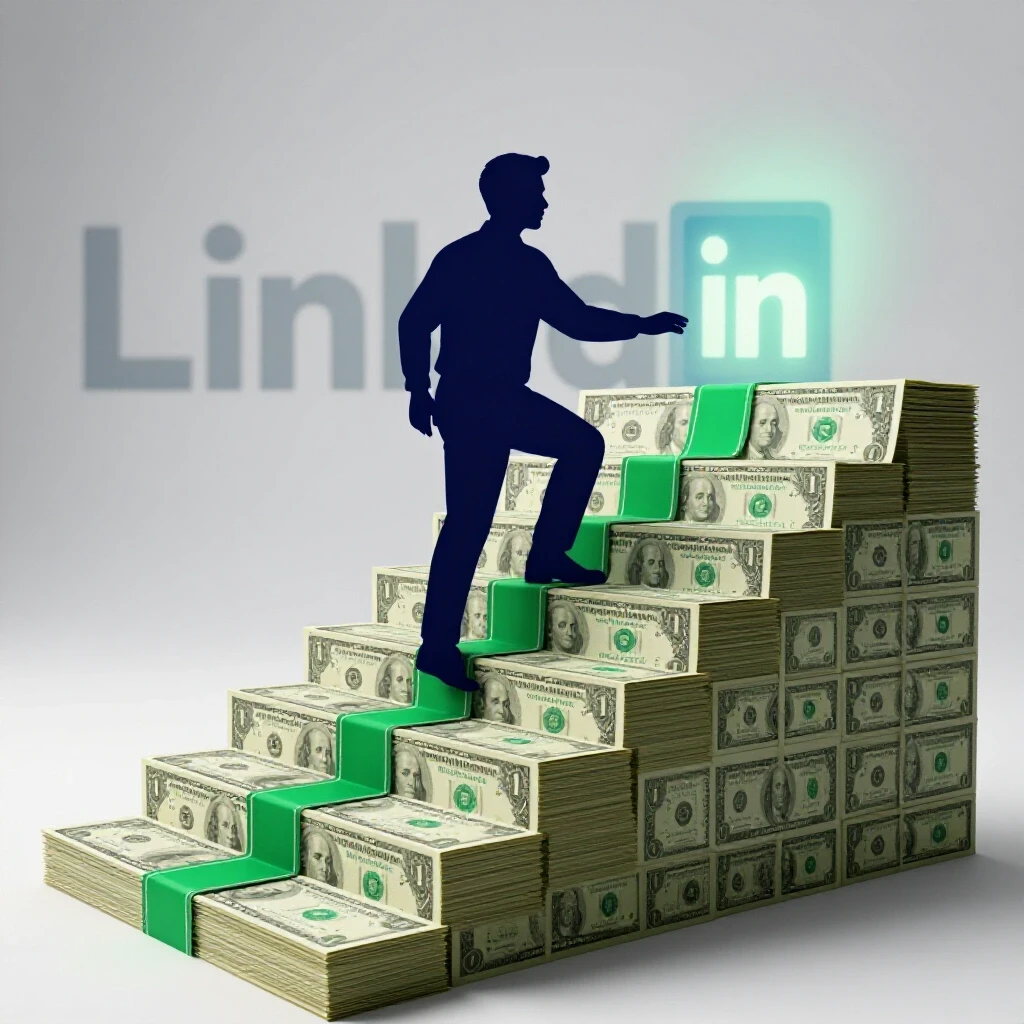 A professional silhouette climbing a staircase of dollar bills with LinkedIn's logo in the background, symbolizing high-ticket sales.
