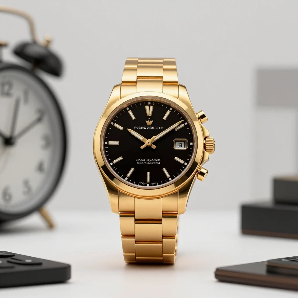 A luxurious gold-plated watch surrounded by mundane objects, highlighting the contrast of high-value offers.