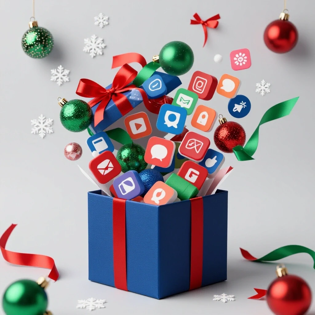 A vibrant gift box overflowing with colorful social media icons and holiday decorations against a light grey background.
