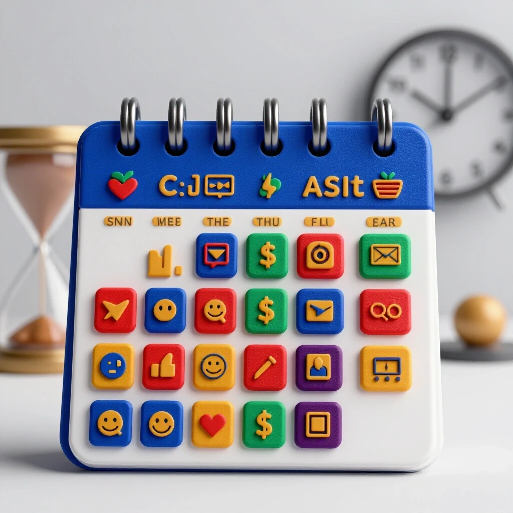 A visually striking 3D-rendered content calendar featuring vibrant icons for social media content types against a bright background.