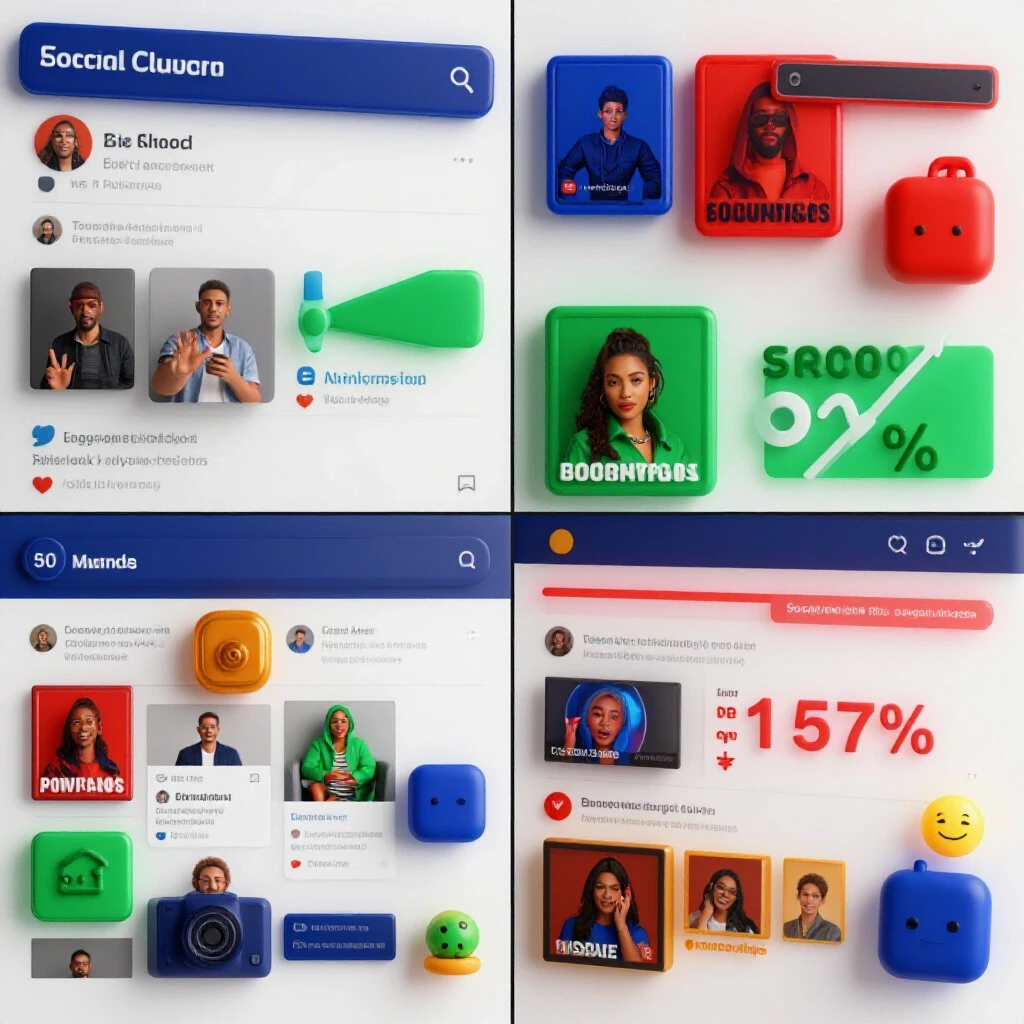 A vibrant split-screen image contrasting a chaotic social media feed with vibrant ads and rising engagement metrics.