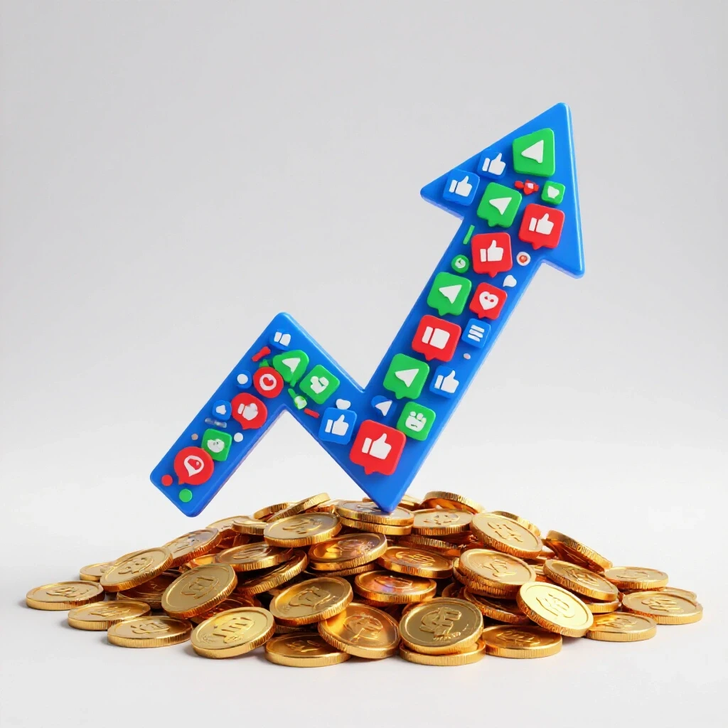 Vibrant upward arrow made of social media icons emerging from gold coins, representing revenue growth.