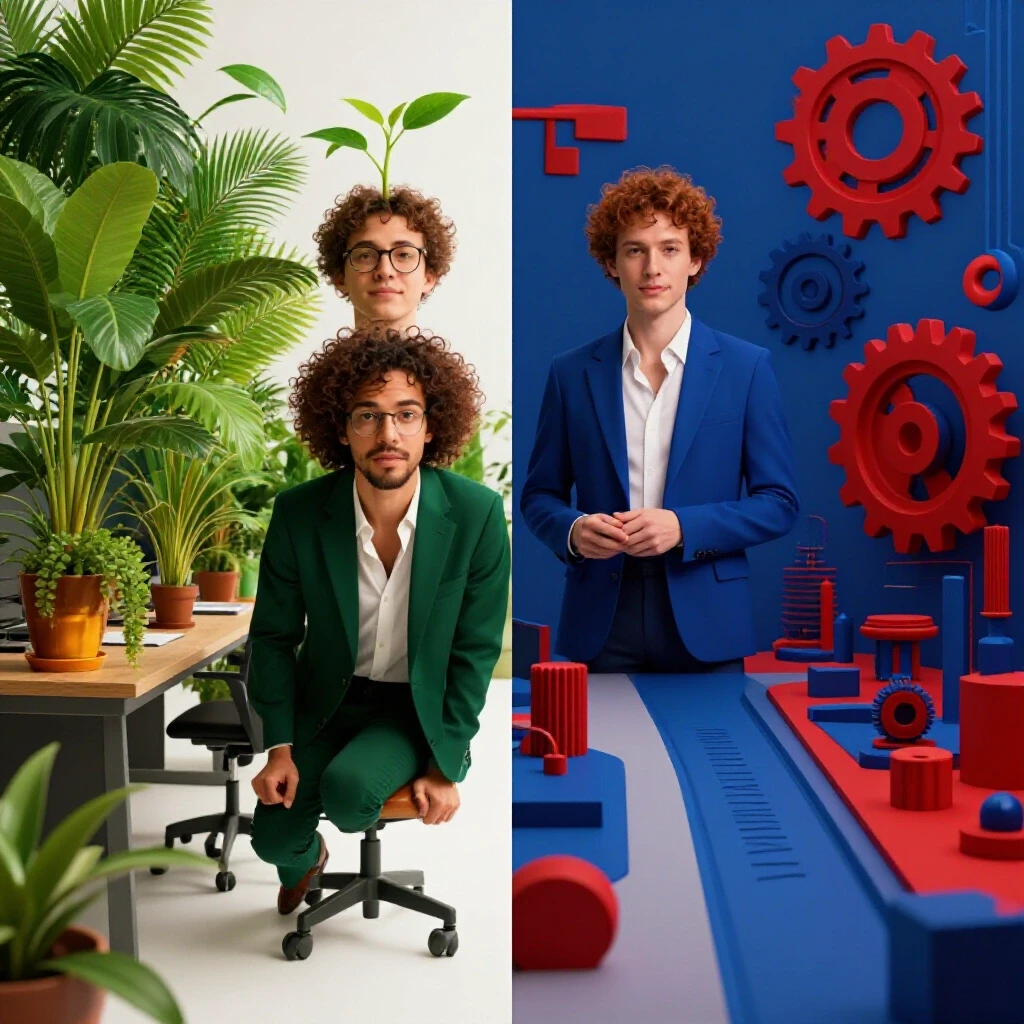 Split-screen showing two media buyers: one in a vibrant growth setting, the other in a sleek efficiency environment.